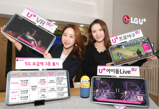 LG유플러스는 내달 5일 '5G 요금제' 3종을 출시, 5G 요금할인·콘텐츠 제공 등 신규 프로모션 9종을 선보인다. 새롭게 선보이는 5G 요금제와 기존 LTE 요금이 연계된 가족결합 혜택도 제공한다. LG유플러스 제공